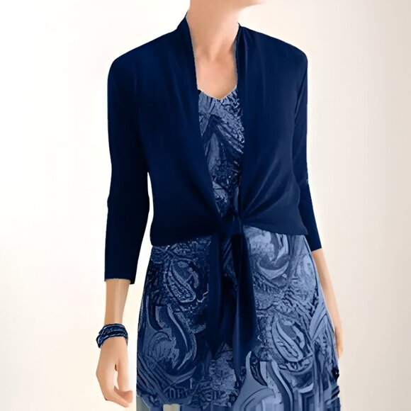 NWT Chicos Travelers Navy Blue Tie Waist Minimalist Cardigan Blouse Top 0 S - Picture 1 of 5